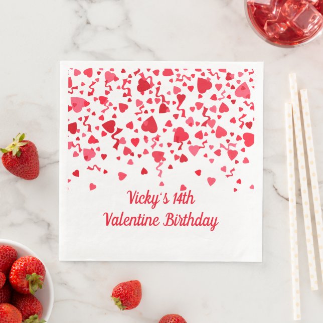 Valentine Birthday Red Confetti Hearts  Napkin (Insitu)