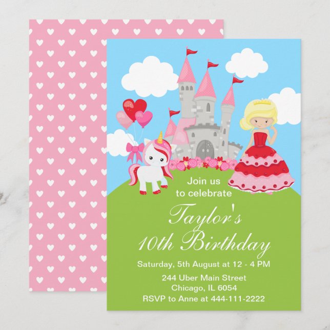Valentine Blonde Hair Princess Unicorn Birthday Invitation (Front/Back)