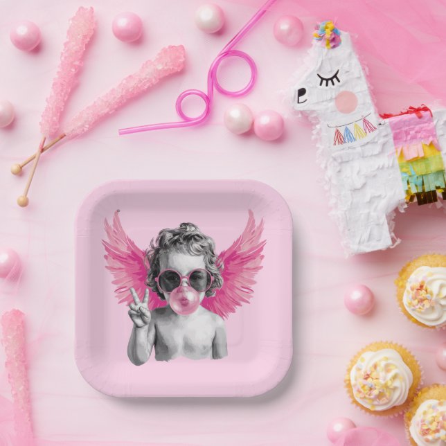 Valentine Blowing Bubble Cupid Valentines Day  Paper Plate (Party)