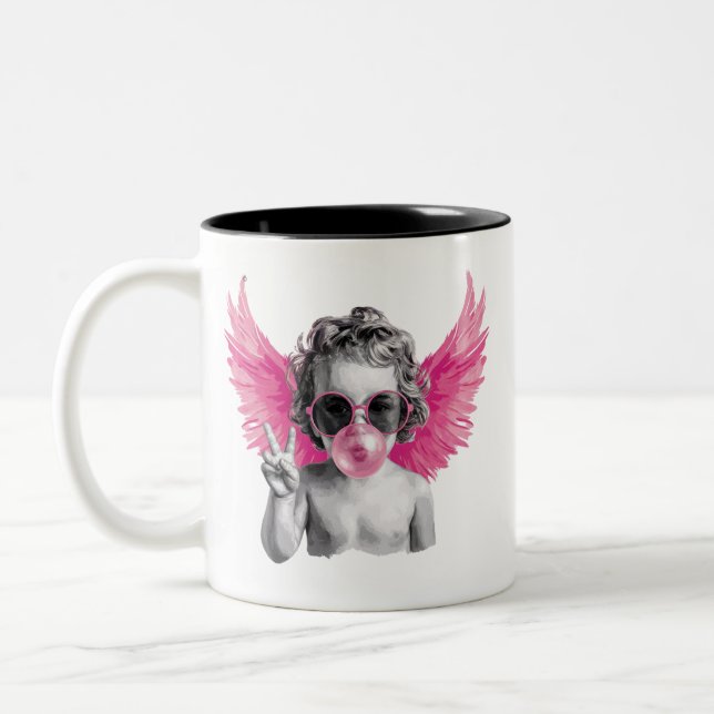 Valentine Blowing Bubble Cupid Valentines Day  Two-Tone Coffee Mug (Left)