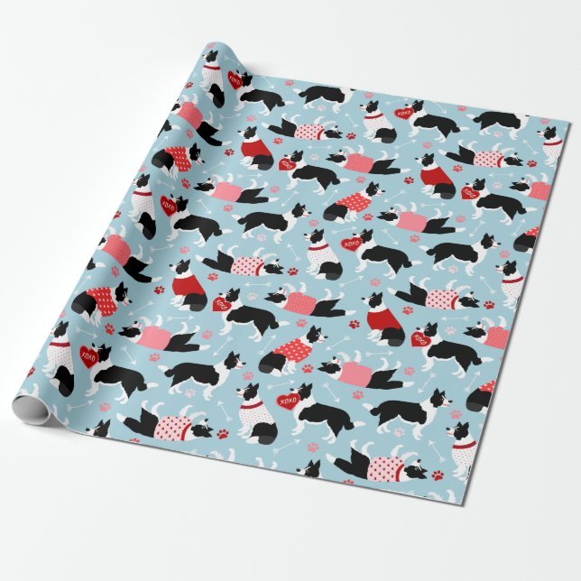 Valentine Border Collie Pattern Wrapping Paper (Unrolled)
