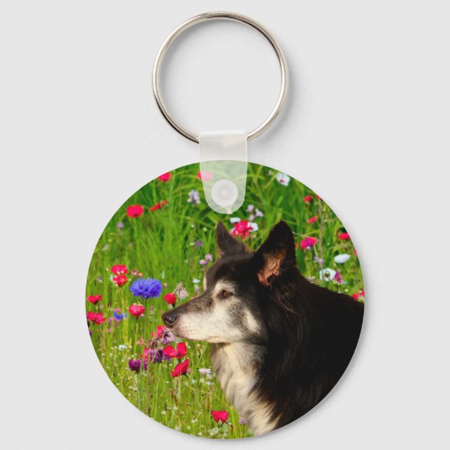 Valentine Border Collie with beautiful flowers Key Ring (Front)