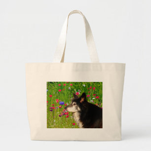 Valentine Border Collie with beautiful flowers Large Tote Bag