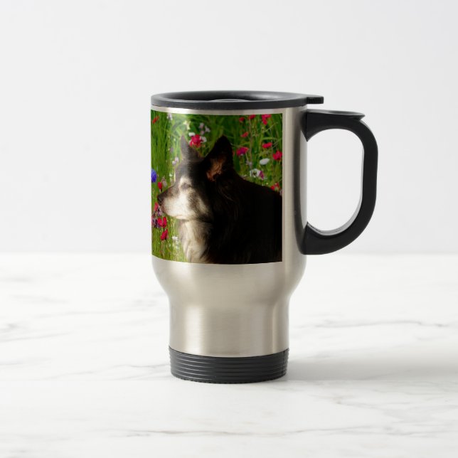 Valentine Border Collie with beautiful flowers Travel Mug (Right)