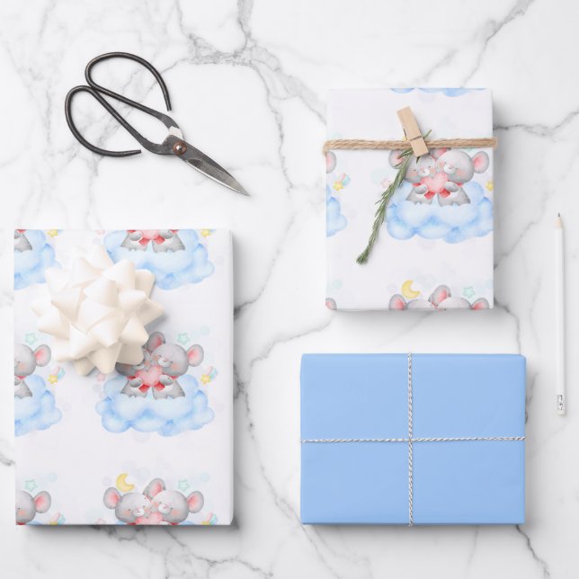 Valentine Boy Cute Baby Mice Wrapping Paper Sheet (Front)