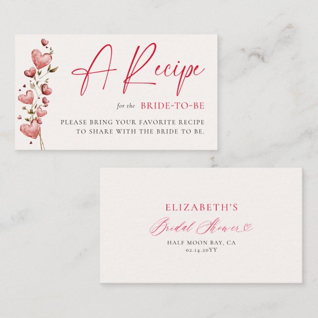 Valentine Bridal Shower Hearts Vines Bride Recipe Enclosure Card (Front/Back)