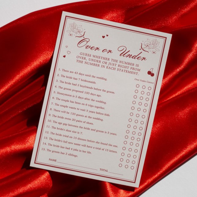 Valentine Bridal Shower Over or Under Game Card (Creator Uploaded)