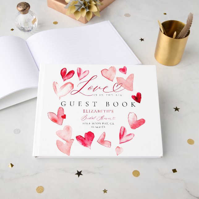 Valentine Bridal Shower Whimsical Heart Watercolor Guest Book (Front Open)
