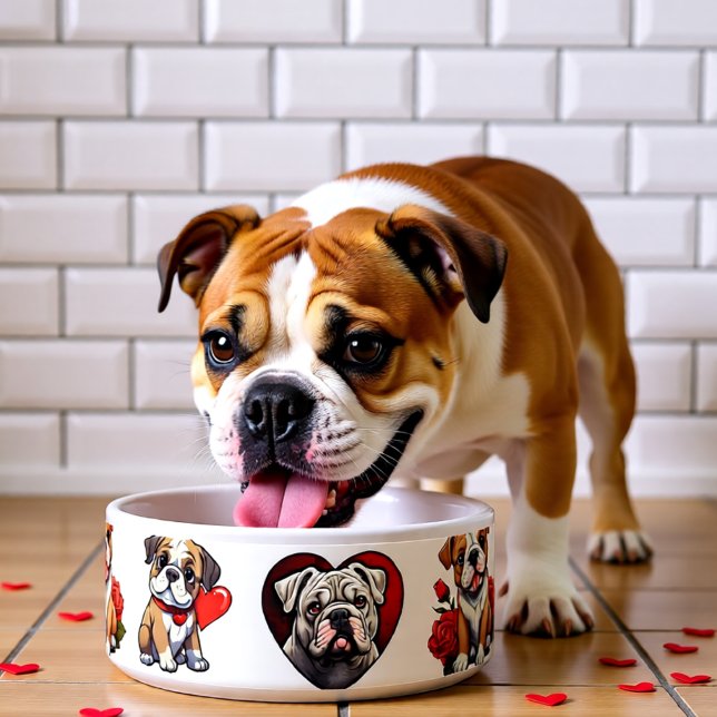 Valentine  Bulldog dog bowl (Bulldog Valentine Heart Art Personalized Pet Bowl)