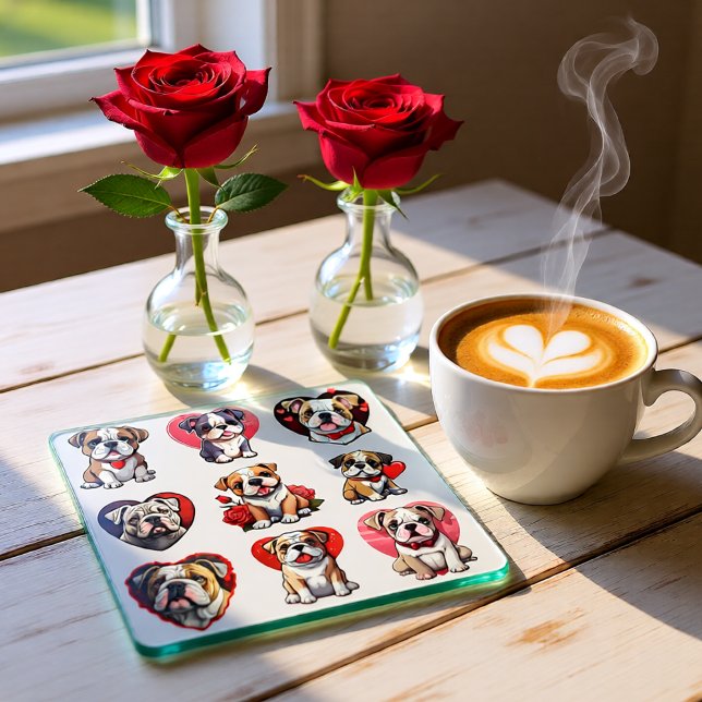 Valentine Bulldog  Glass Coaster (Cute Bulldog Love Glass Coaster)