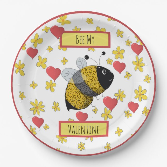 Valentine Bumblebee | Bee My Valentine Paper Plate (Front)