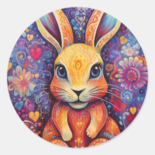 Valentine Bunny Flowers hearts purple Classic Round Sticker