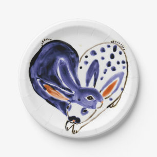 Valentine Bunny Rabbits Heart Blue & White Modern Paper Plate