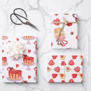 Valentine Cake & Red Heart Cookies Wrapping Paper Sheet