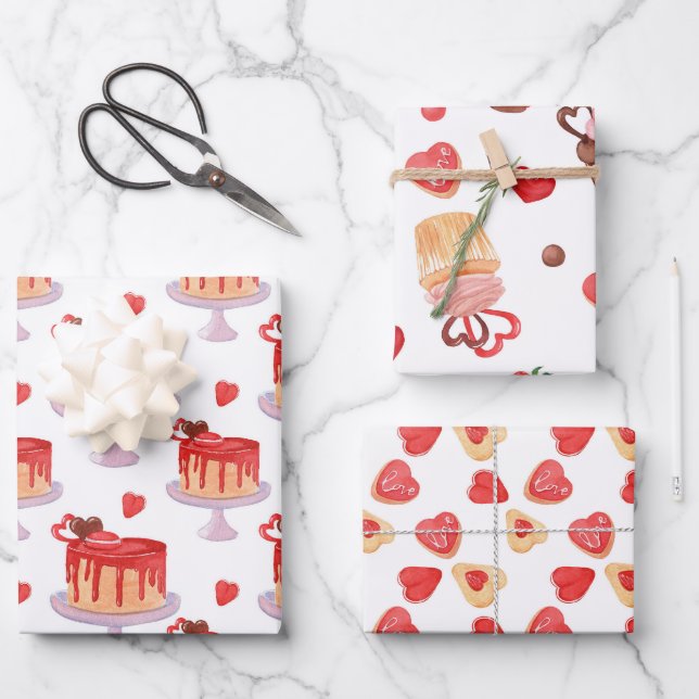 Valentine Cake & Red Heart Cookies Wrapping Paper Sheet (Front)