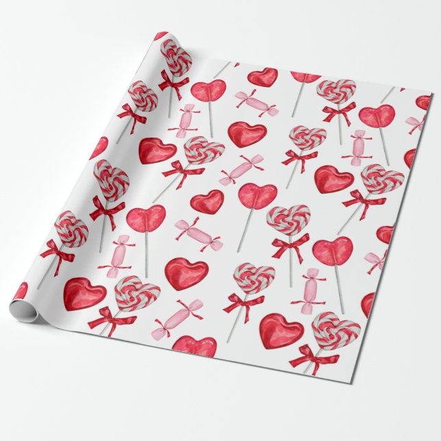 Valentine Candy | Heart Lollipop Wrapping Paper (Unrolled)