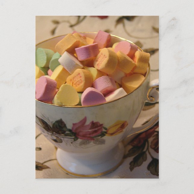 Valentine Candy in Teacup Holiday Postcard (Front)