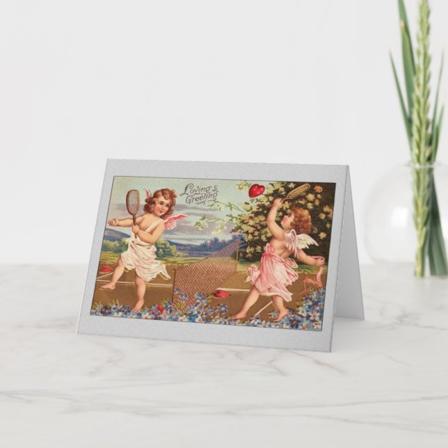 Valentine Card-Cupids Playing Tennis Holiday Card (Front)