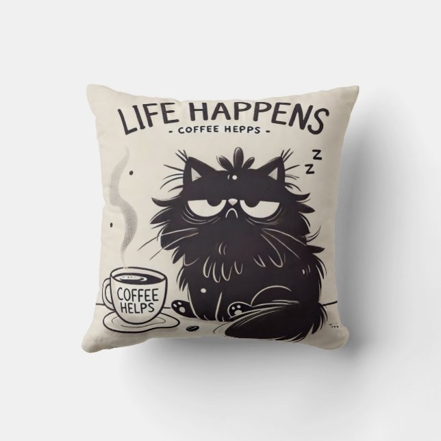 Valentine Cat & Coffee Art Throw Pillow (Back)