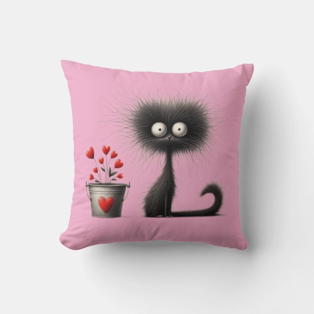 Valentine Cat & Coffee Art Throw Pillow (Front)