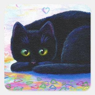 Valentine Cat Colourful Hearts Creationarts Square Sticker
