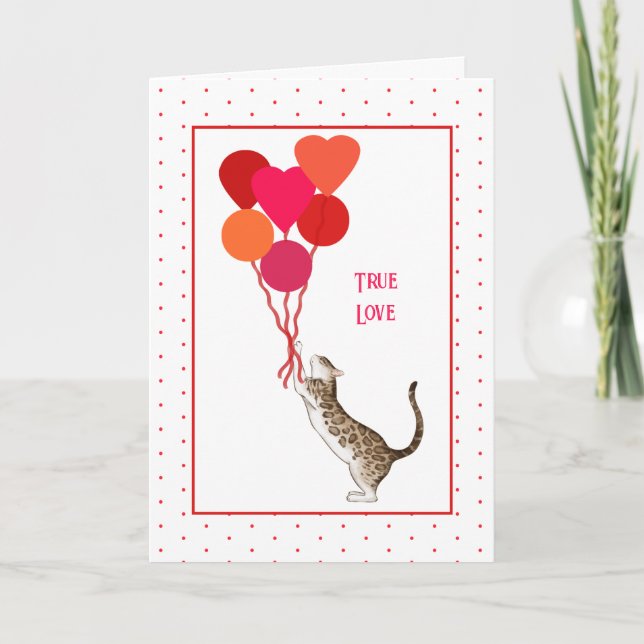 Valentine Cat with Balloon Bouquet Holiday Card (Front)