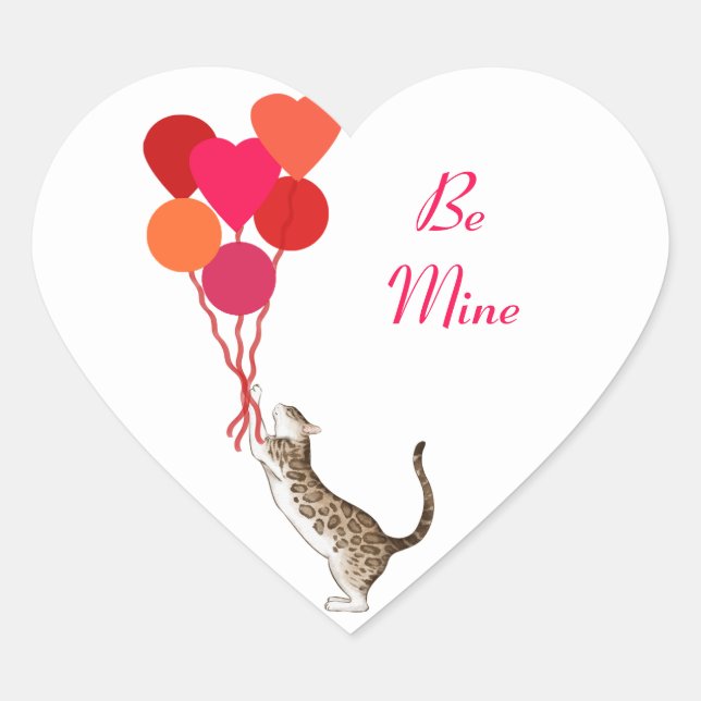 Valentine Cat with Heart Balloons Holiday Sticker (Front)