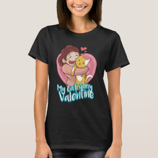 Valentine Cat Women Black  T-Shirt