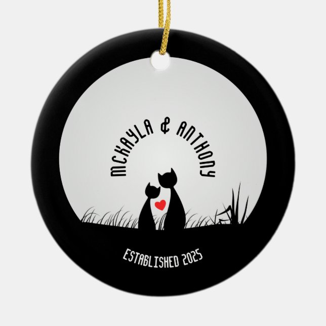 Valentine Cats Red Heart Moon Silhouette Couple Ceramic Tree Decoration (Front)