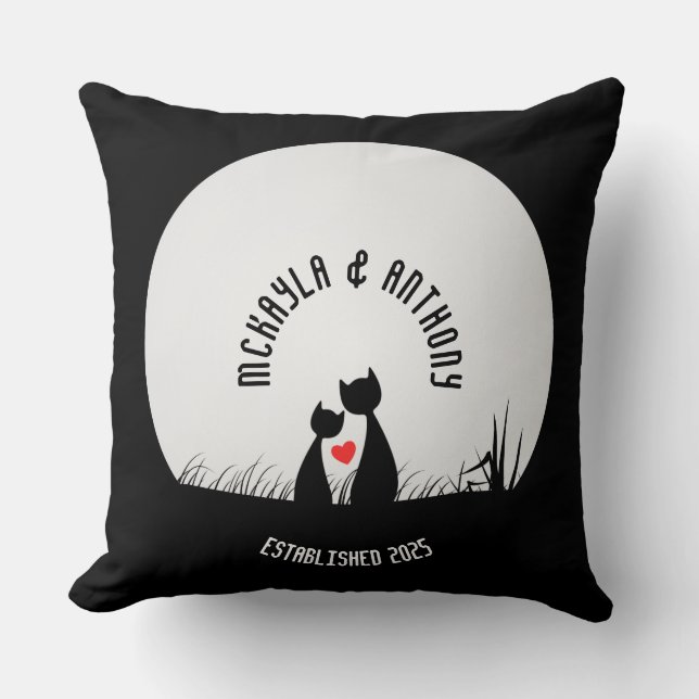 Valentine Cats Red Heart Moon Silhouette Couple Cushion (Front)