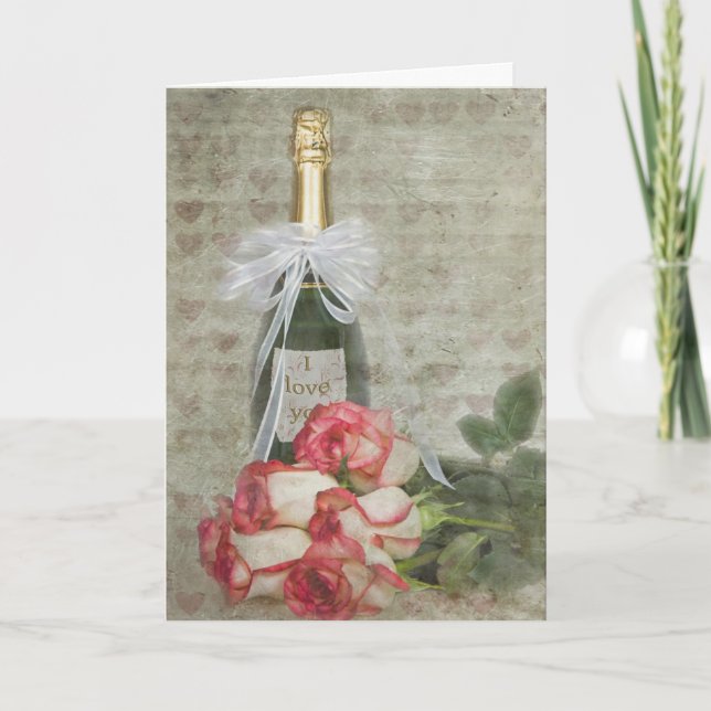 Valentine Champagne Bottle with Roses  Holiday Card (Front)