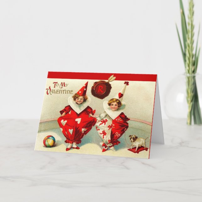 VALENTINE CHILD CLOWNS,RED WAX SEAL MONOGRAM HOLIDAY CARD (Front)