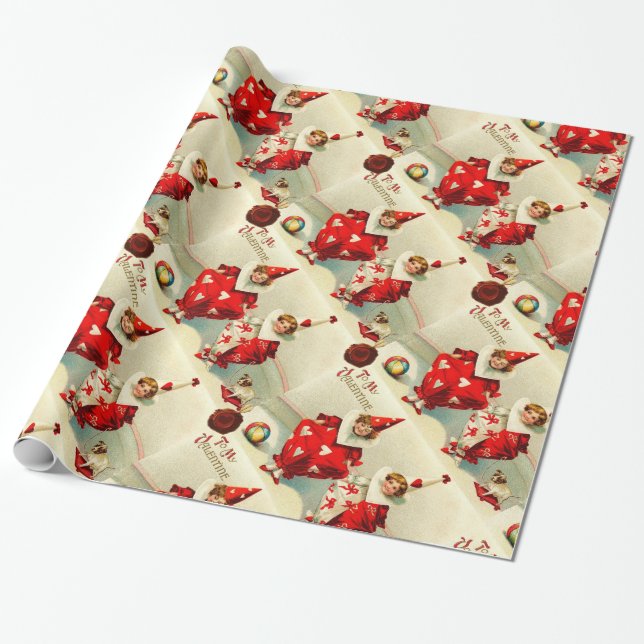 VALENTINE CHILD CLOWNS ,RED WAX SEAL WITH HEART WRAPPING PAPER (Unrolled)