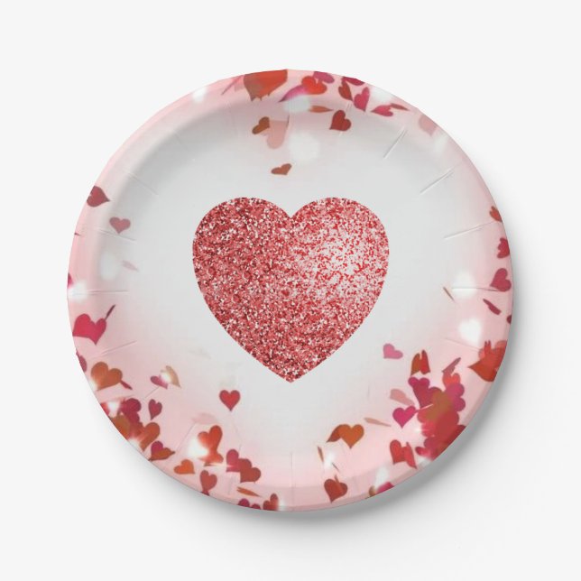 Valentine Confetti Red Glitter Heart Paper Plate (Front)