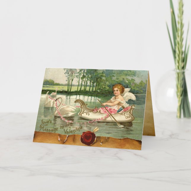VALENTINE CUPID,PULLED BY SWANS ,RED WAX SEAL HOLIDAY CARD (Front)
