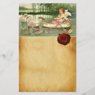 VALENTINE CUPID,PULLED BY SWANS ,RED WAX SEAL STATIONERY
