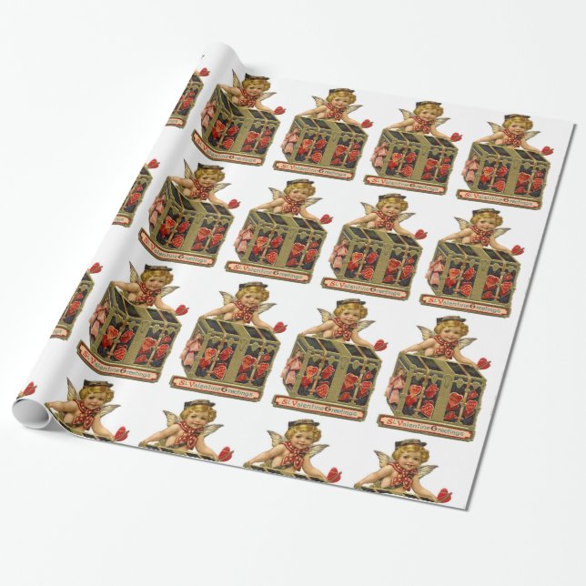 VALENTINE CUPID WITH A COFFER FULL OF HEARTS WRAPPING PAPER (Unrolled)