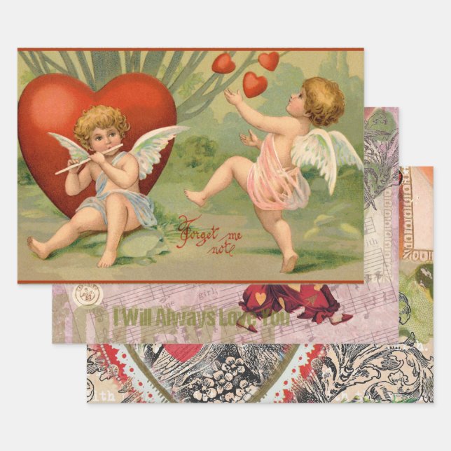 Valentine Cupids Love Antique Vintage Wrapping Paper Sheet (Set)