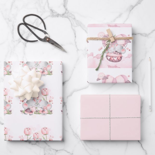 Valentine Cute Baby Elephants Wrapping Paper Sheet (Front)