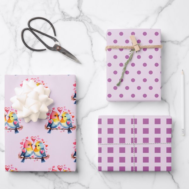 Valentine cute birds dots square pattern purple wrapping paper sheet (Front)