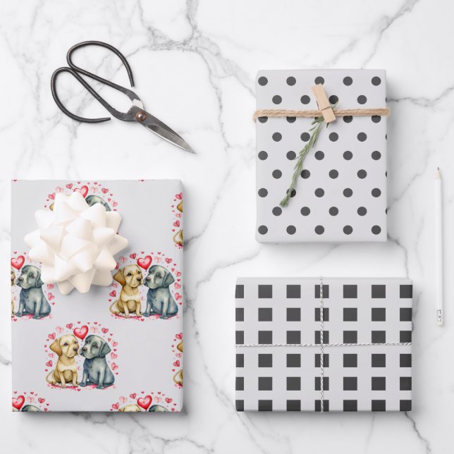 Valentine cute dogs dots square pattern grey wrapping paper sheet (Front)