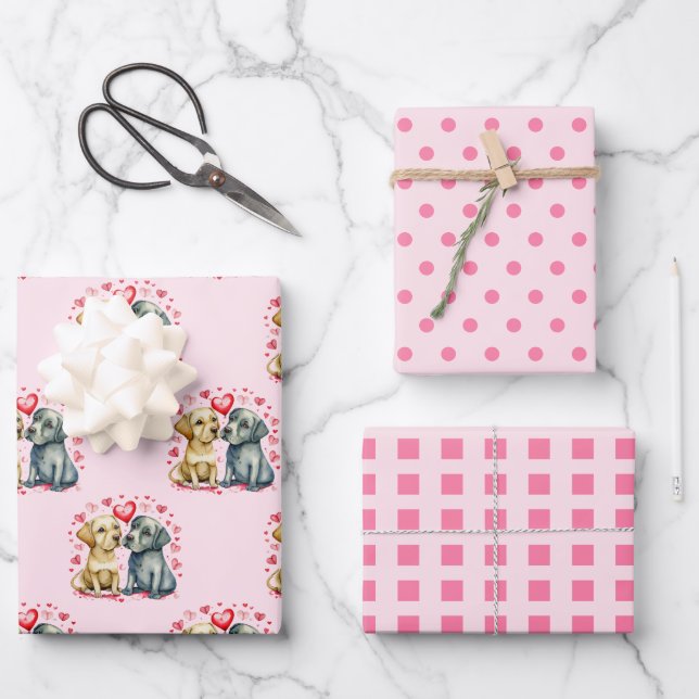 Valentine cute dogs dots square pattern pink wrapping paper sheet (Front)
