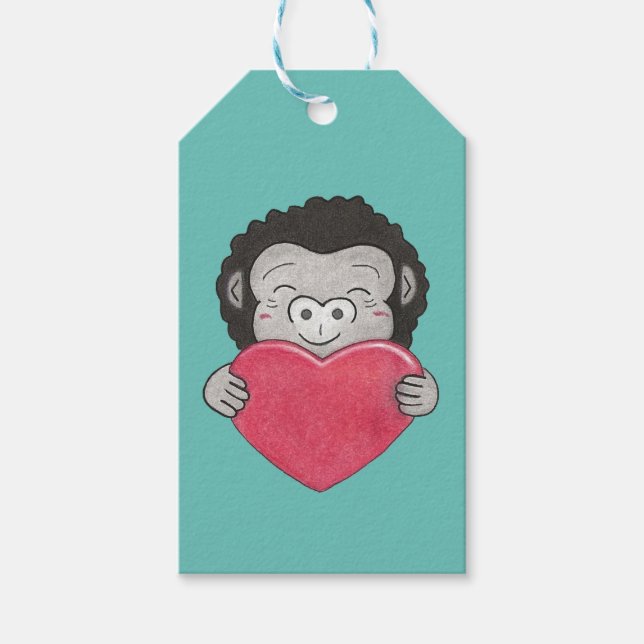 Valentine Cute Gorilla Cartoon Heart Gift Tag (Front)
