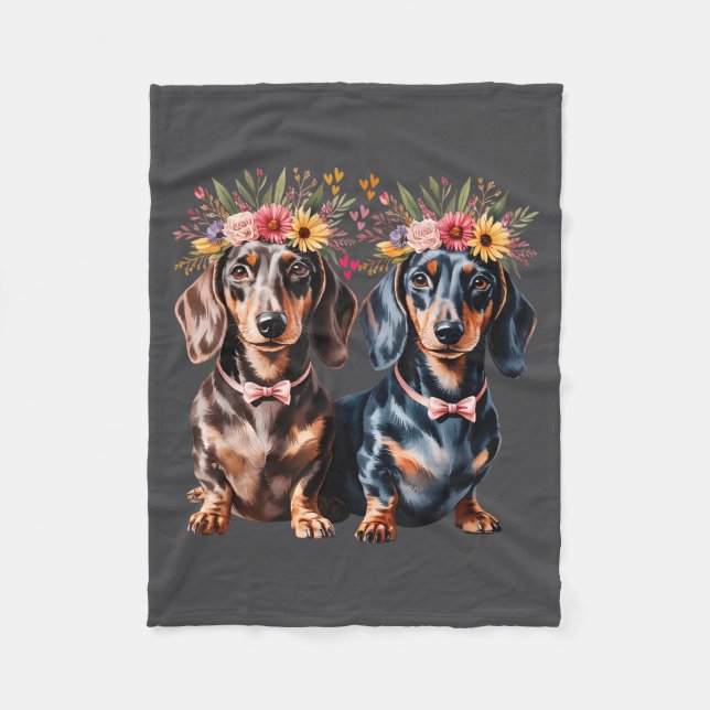 Valentine Dachshund Matching Couple Love Floral Do Fleece Blanket (Front)