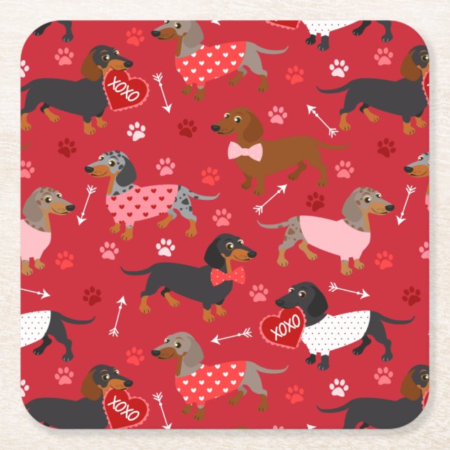 Valentine Dachshund Square Paper Coaster (Front)