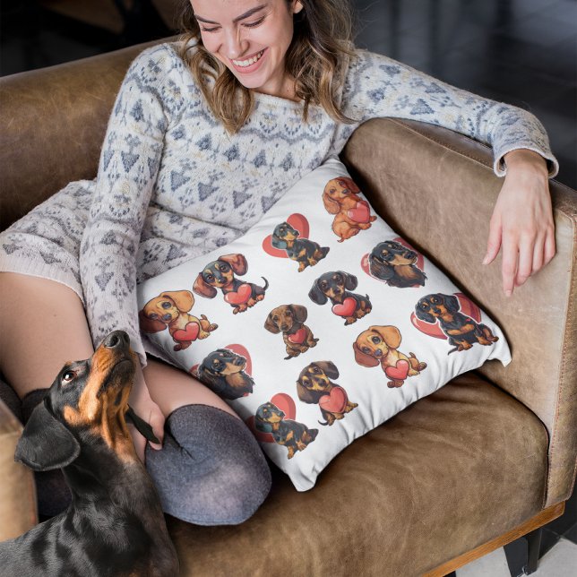 Valentine Dachshund Watercolor dog heart Cushion (Valentine Dachshund Watercolor dog heart Throw Pillow)