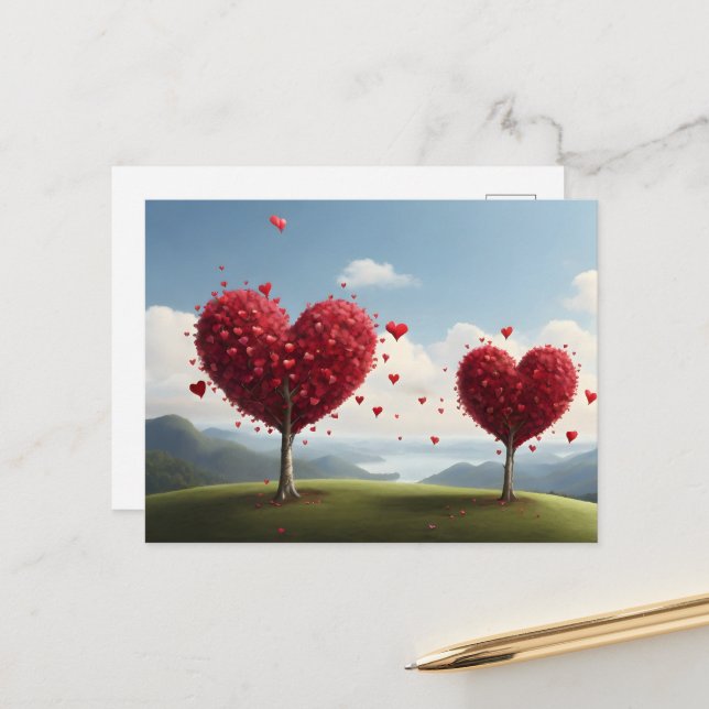 Valentine day design, Heart on trees Postcard (Front/Back In Situ)