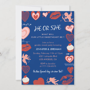 Valentine day gender reveal he or she blue invitation