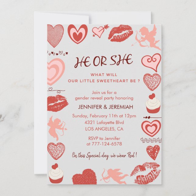 Valentine day gender reveal invitation hearts grey (Front)