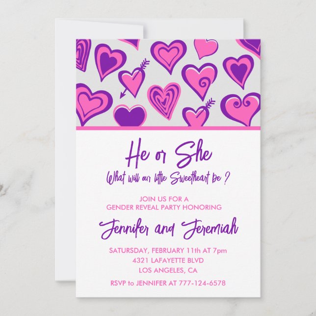Valentine day gender reveal sweetheart purple pink invitation (Front)